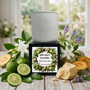 Kaffir Lime and Cocoa Butter Candle with natural elements and flowers, showcasing rich lime and cocoa butter fragrance.