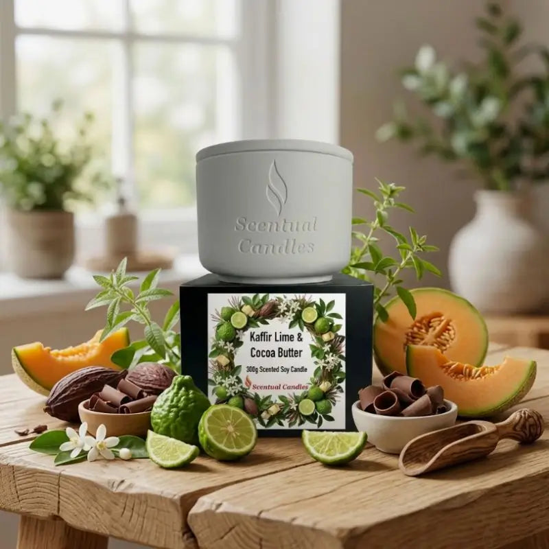 Kaffir Lime and Cocoa Butter Candle displayed with fresh ingredients, including lime, cocoa, and decorative elements.