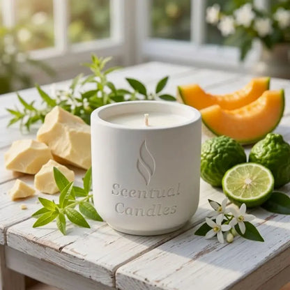 Kaffir Lime and Cocoa Butter Candle surrounded by fresh ingredients like cocoa butter, lime, and melon on a sunny table.