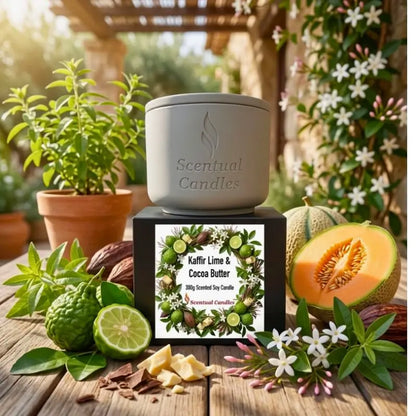 Kaffir Lime and Cocoa Butter Candle displayed with fresh limes, cocoa butter, and melons in a garden setting.