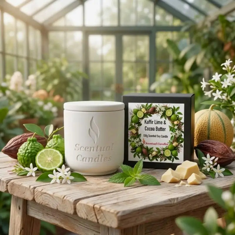 Kaffir Lime and Cocoa Butter Candle displayed in a botanical setting with fresh ingredients and floral accents.
