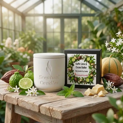 Kaffir Lime and Cocoa Butter Candle displayed in a botanical setting with fresh ingredients and floral accents.