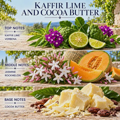 Kaffir Lime and Cocoa Butter Candle showcasing top, middle, and base notes of kaffir lime, jasmine, and cocoa butter.