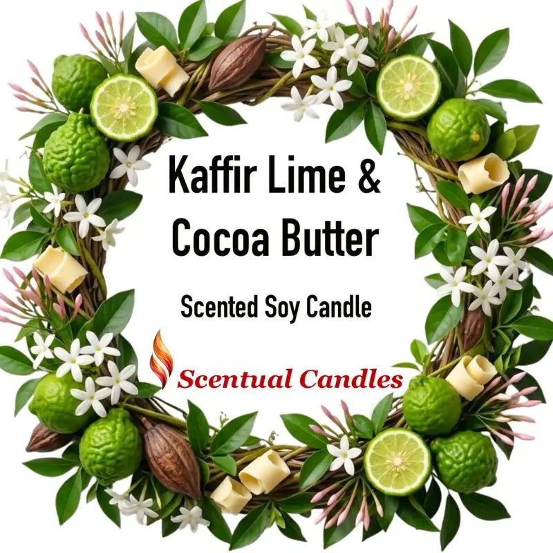 Kaffir Lime and Cocoa Butter Candle surrounded by fresh limes and cocoa pods, showcased in a beautiful green wreath.
