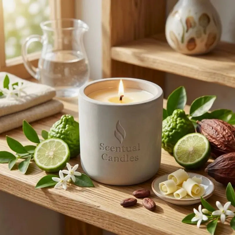 Kaffir Lime and Cocoa Butter Candle displayed with lime, cocoa, and natural elements on wooden shelf.
