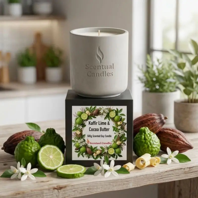 Kaffir Lime and Cocoa Butter Candle displayed with fresh limes and cocoa pods in a modern kitchen setting.