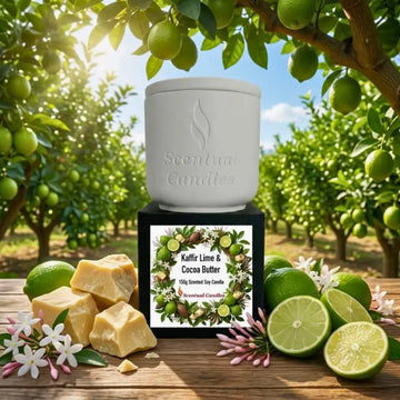 Kaffir Lime and Cocoa Butter Candle on display with limes and cocoa butter in a lush orchard setting.
