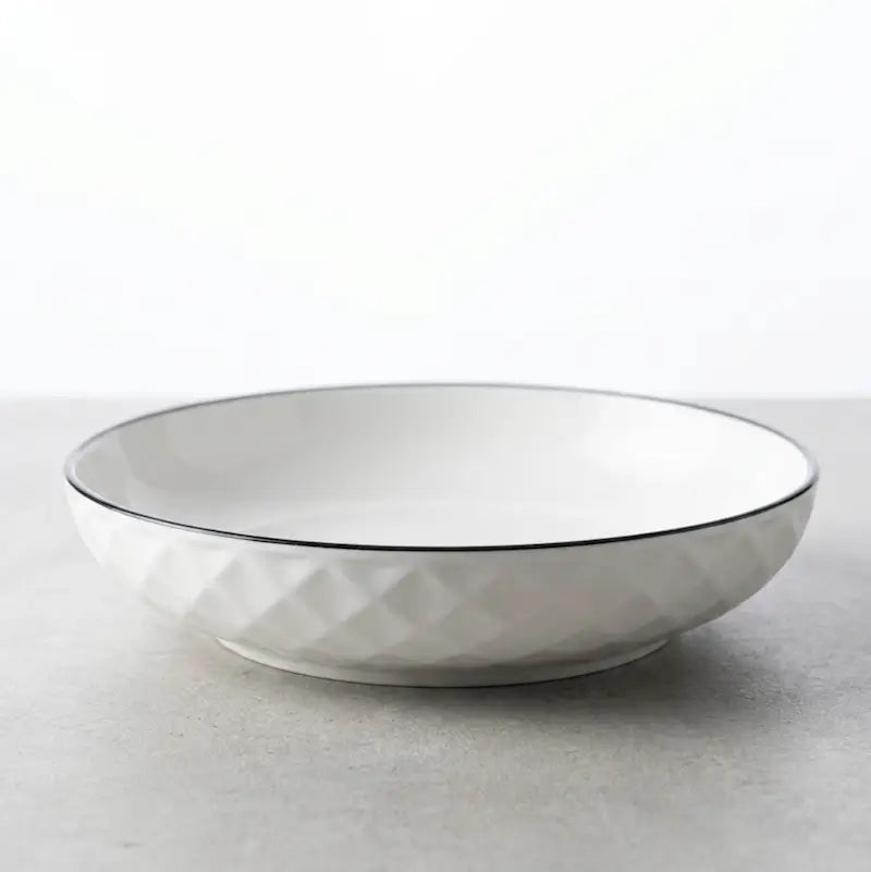 Large Ceramic Candle Plate with a diamond hexagon pattern and black rim, ideal for candle styling.