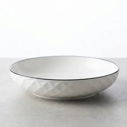 Large Ceramic Candle Plate with a diamond hexagon pattern and black rim, ideal for candle styling.