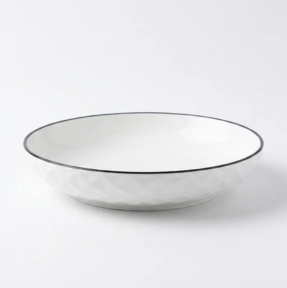 Large Ceramic Candle Plate in white with diamond hexagon pattern and black rim.