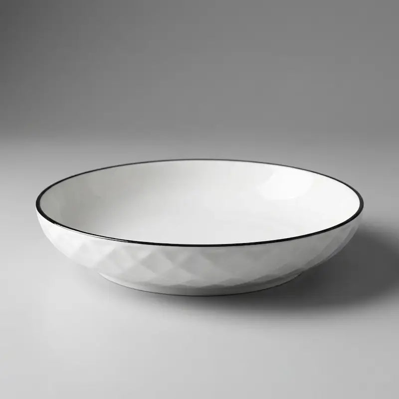 Large Ceramic Candle Plate with diamond hexagon pattern and black rim, ideal for elegant candle styling.