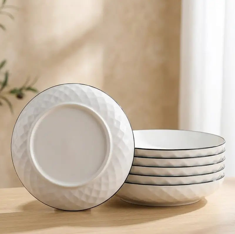 Large Ceramic Candle Plate in a stack, featuring a diamond hexagon pattern and black rim.