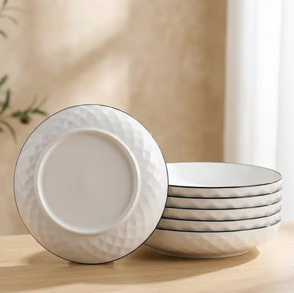 Large Ceramic Candle Plate in a stack, featuring a diamond hexagon pattern and black rim.
