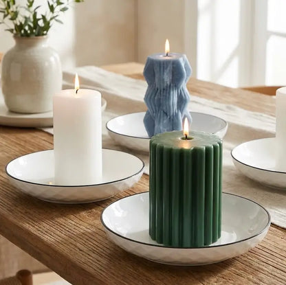Large Ceramic Candle Plate displaying various pillar candles on a wooden table with a modern aesthetic.