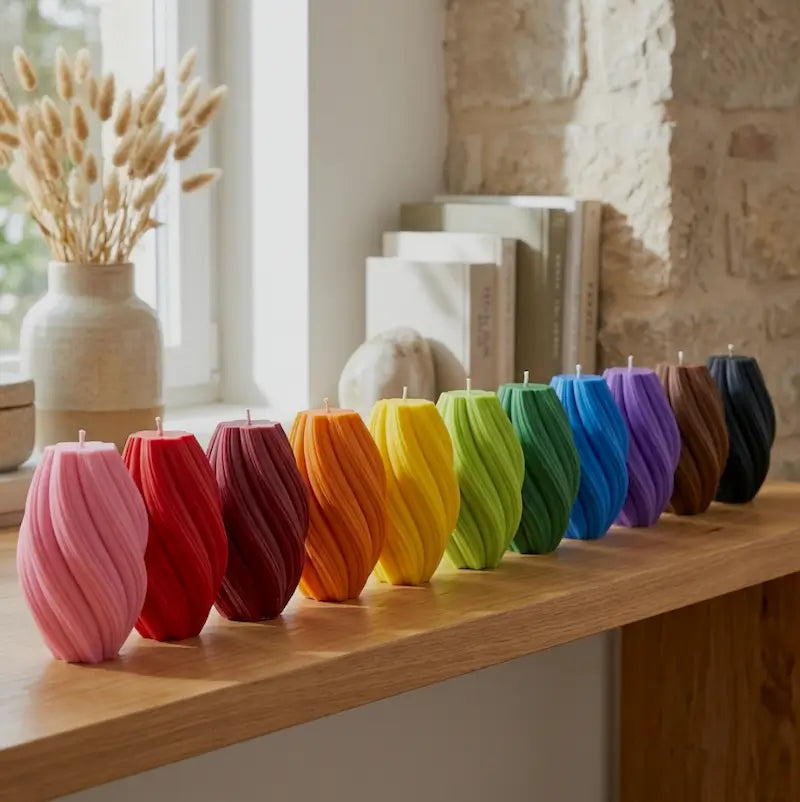 Colorful assortment of Large Pillar Candles in swirly shapes displayed on a wooden shelf.