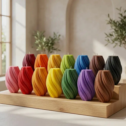 Large Pillar Candle in various swirly shapes and vibrant colors arranged on a wooden display.