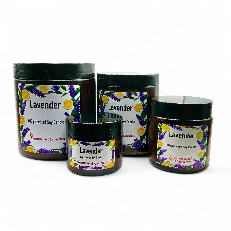 Lavender Candle Scented Soy in four sizes, featuring calming blend of lavender and citrus for tranquility and relaxation in your space.