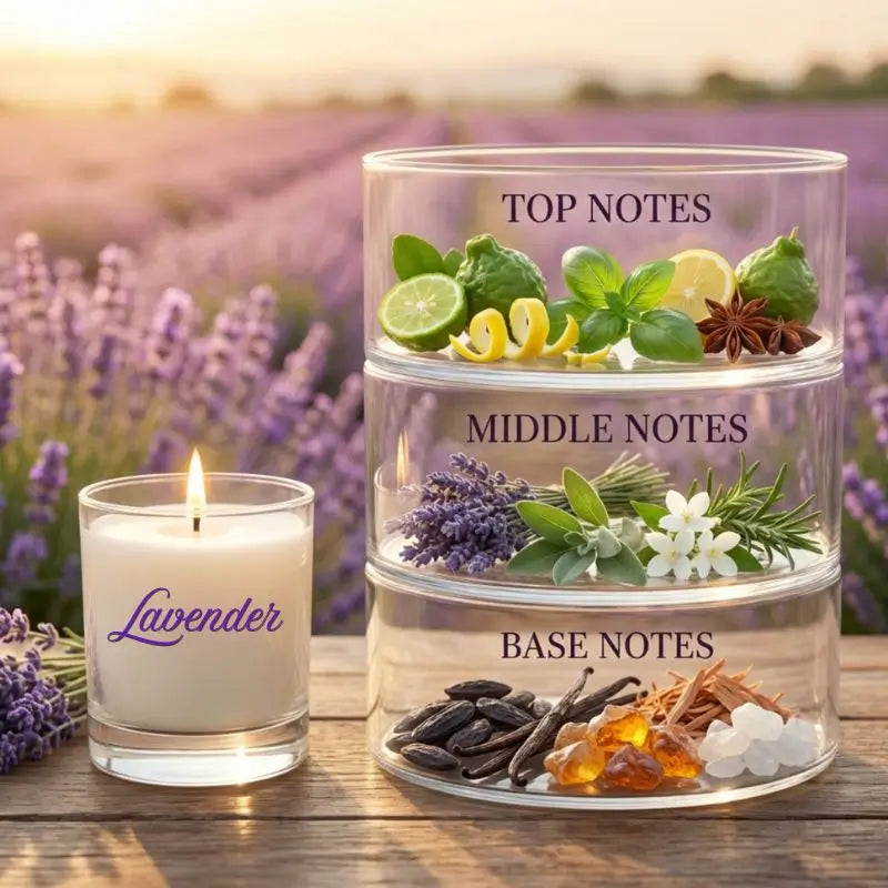 Scented Candle Duo featuring Lavender, showcasing top, middle, and base notes with ingredients in a calming setting.
