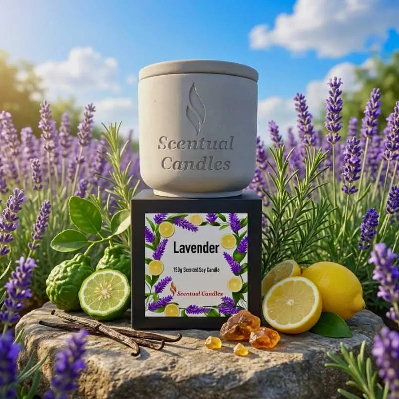 Lavender Candle surrounded by fresh lavender and citrus, showcasing its soothing essence and elegance.