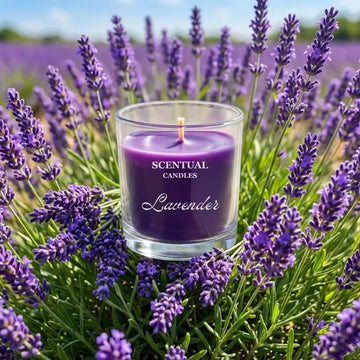 Purple Lavender candle labeled 'Scentual Candles Lavender' in a field of lavender flowers.