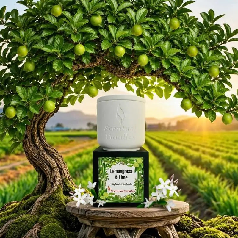 Lemongrass Candle with Lime and Jasmine placed under a blooming tree in a beautiful field.
