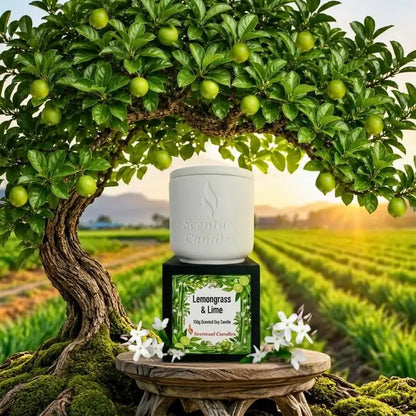 Lemongrass Candle with Lime and Jasmine placed under a blooming tree in a beautiful field.