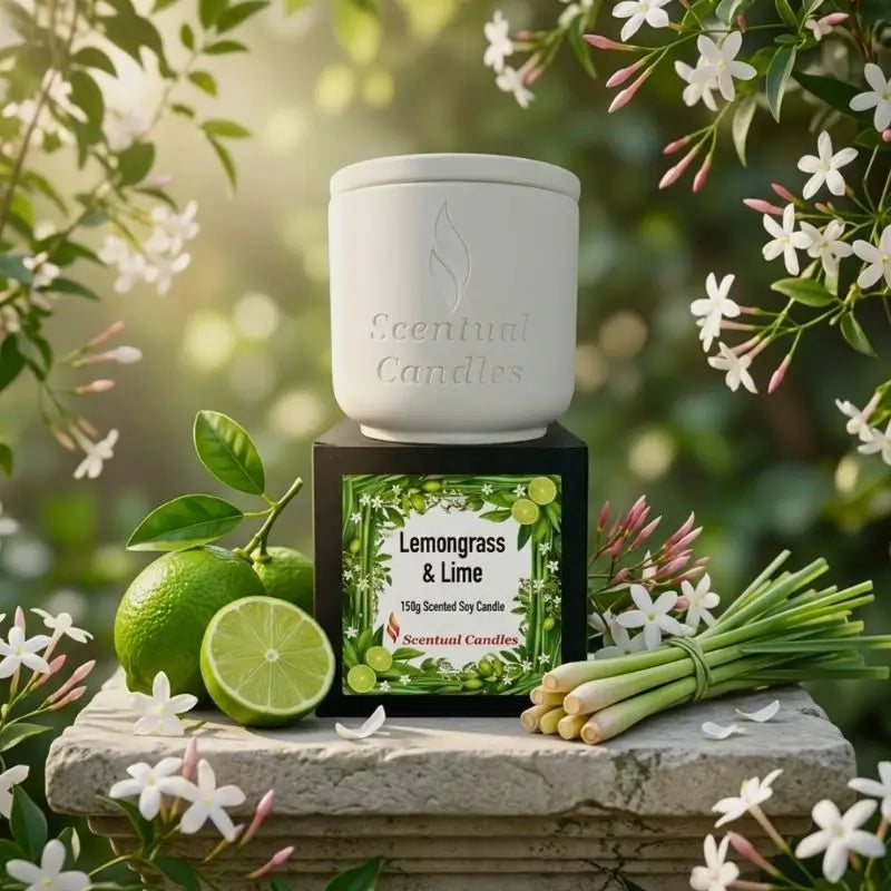Lemongrass Candle with lime and jasmine surrounded by greenery and flowers, showcasing Scentual Candles.