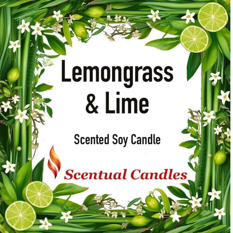 Lemongrass Candle with lime and jasmine surrounded by green foliage and flowers, Scentual Candles.