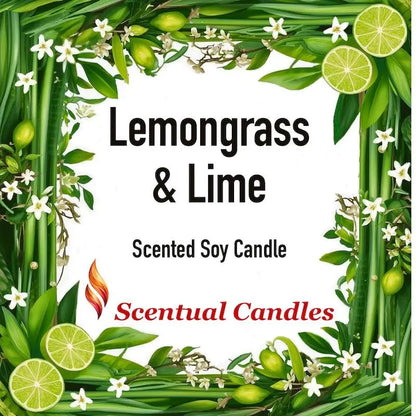Lemongrass Candle with lime and jasmine surrounded by green foliage and flowers, Scentual Candles.
