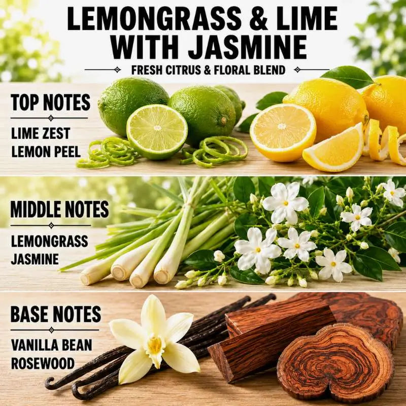 Lemongrass Candle with Lime and Jasmine showing citrus and floral notes for a refreshing scent.