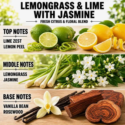 Lemongrass Candle with Lime and Jasmine showing citrus and floral notes for a refreshing scent.
