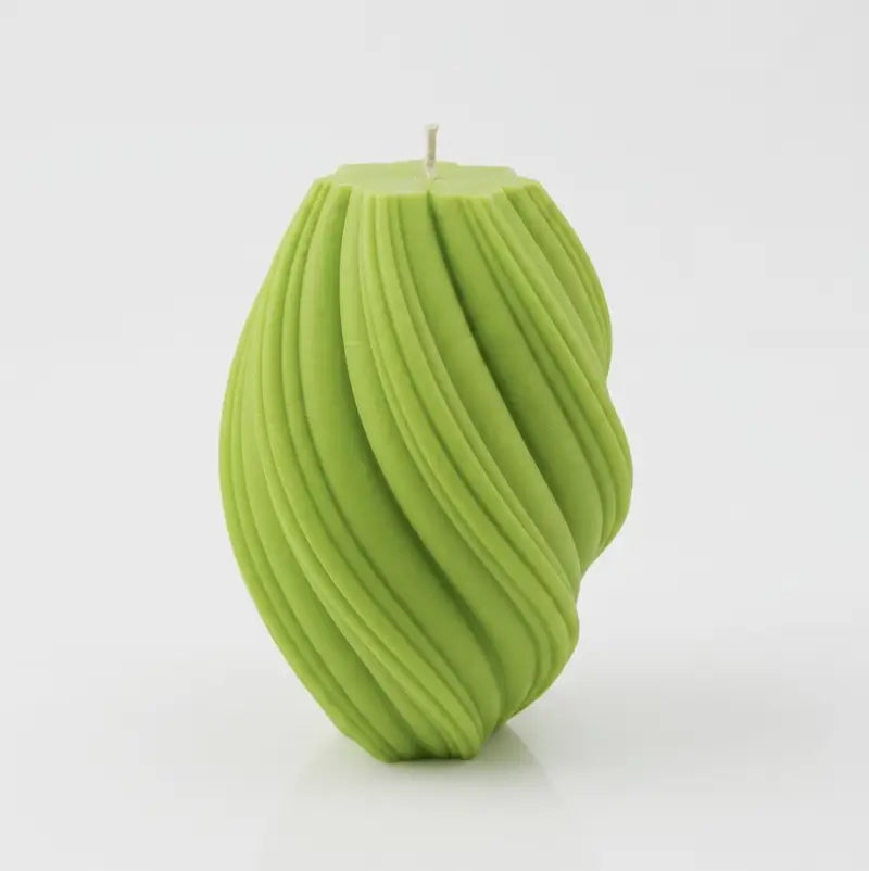 Large Pillar Candle in a swirly shape, handcrafted, premium fragrance, unique green décor piece.