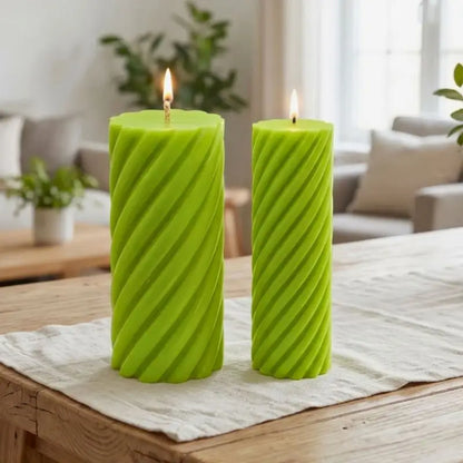 Pillar Candle Set featuring two spiral columns in vibrant green, one large and one slim, perfect for home decor.