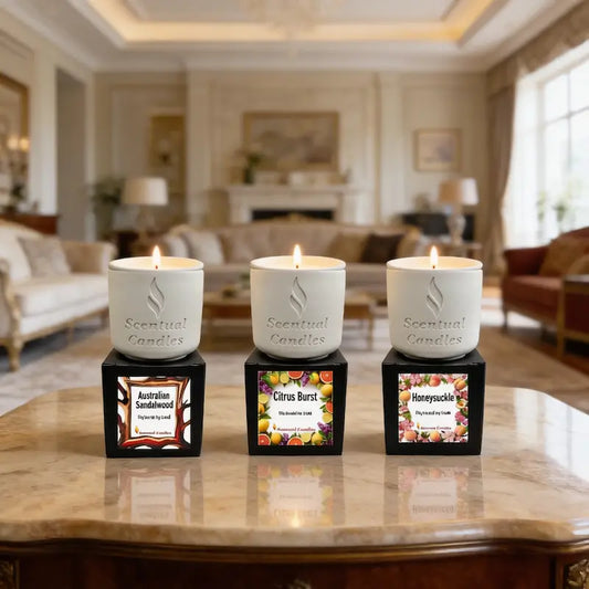 Living Room Scented Candles Set. Three scented candles on a table in a living room setting
