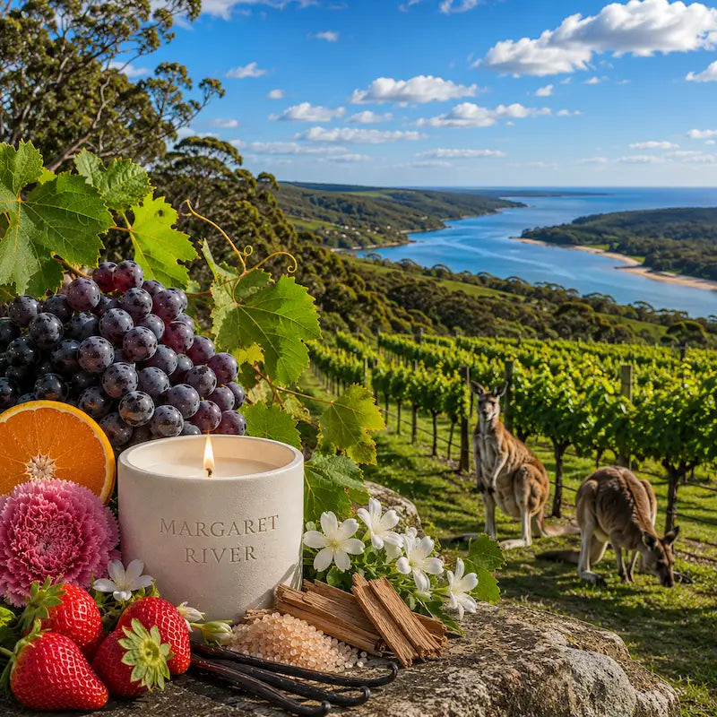 Margaret River Candle surrounded by fresh fruits and herbs, with a scenic vineyard view in Margaret River, Australia.