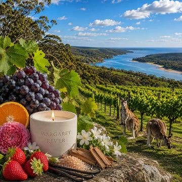 Margaret River Candle surrounded by fresh fruits and herbs, with a scenic vineyard view in Margaret River, Australia.