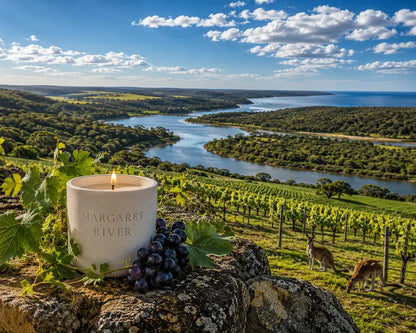 Margaret River Candle surrounded by grapes and vineyards, set against a beautiful landscape in Western Australia.