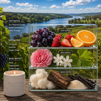 Margaret River Candle arrangement showcasing fragrance notes with grapes, strawberries, oranges, and the beautiful Margaret River landscape.