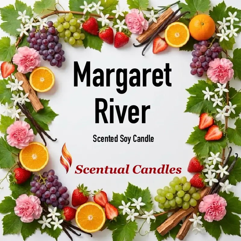 Margaret River Candle surrounded by fresh fruits and flowers, showcasing its luxurious scent and natural inspiration.