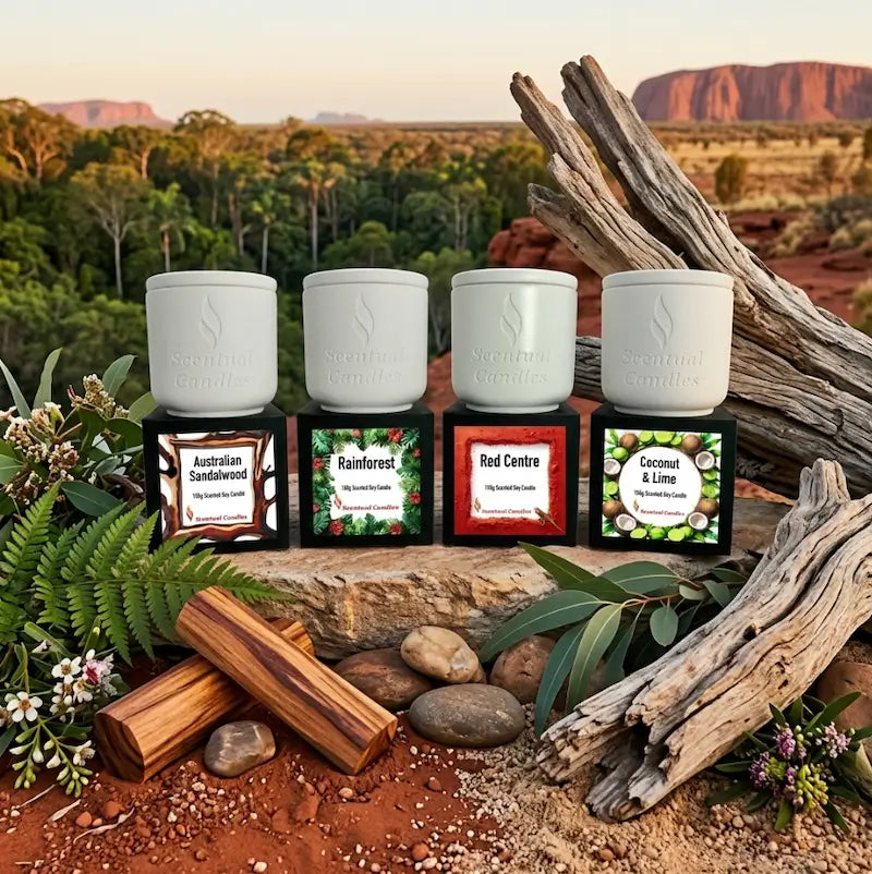 Masculine Candles set for men showcasing four manly scents including Australian Sandalwood and Coconut & Lime.
