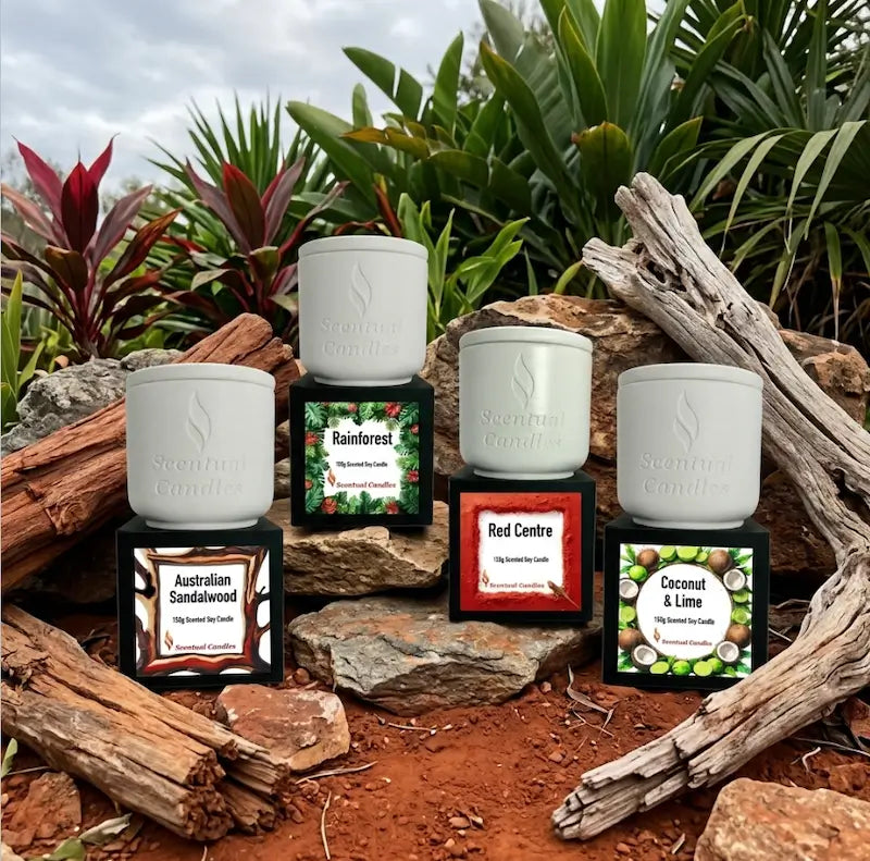 Masculine Candles set for men featuring Australian Sandalwood, Rainforest, Red Centre, and Coconut & Lime scents.