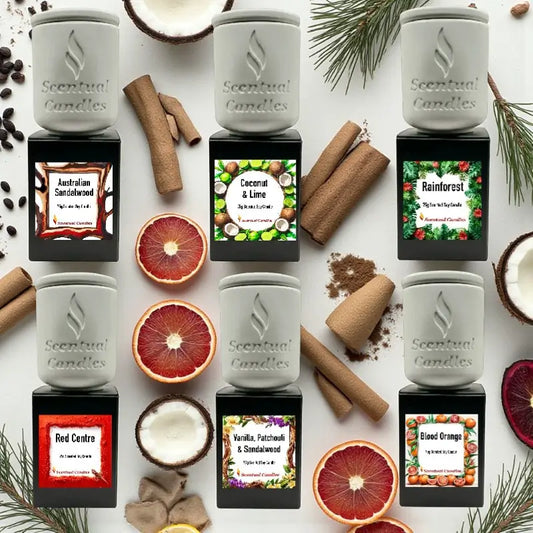 Masculine Candles set with six signature scents including earthy, woody, and refreshing aromas, designed for modern masculinity, 75g each.