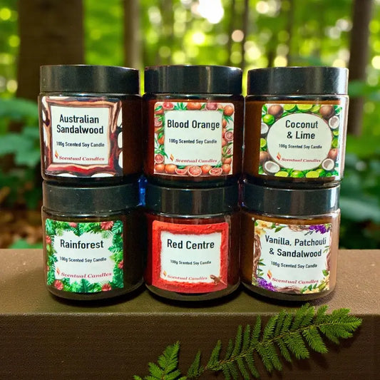 Masculine Candles set for men featuring six signature scented soy candles in earthy and refreshing aromas.