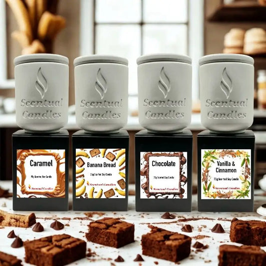 Mini Candles Set with Caramel, Banana Bread, Chocolate, and Vanilla & Cinnamon scents shown on kitchen counter.