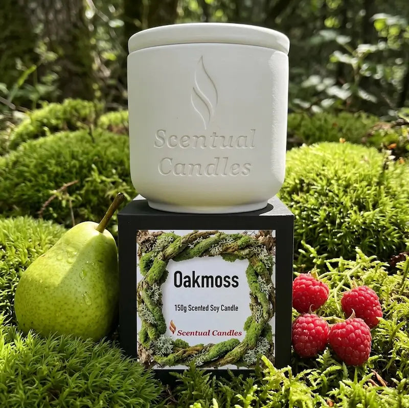 Oakmoss Candle displayed in nature with pear and raspberries, highlighting its fresh, woody scent.