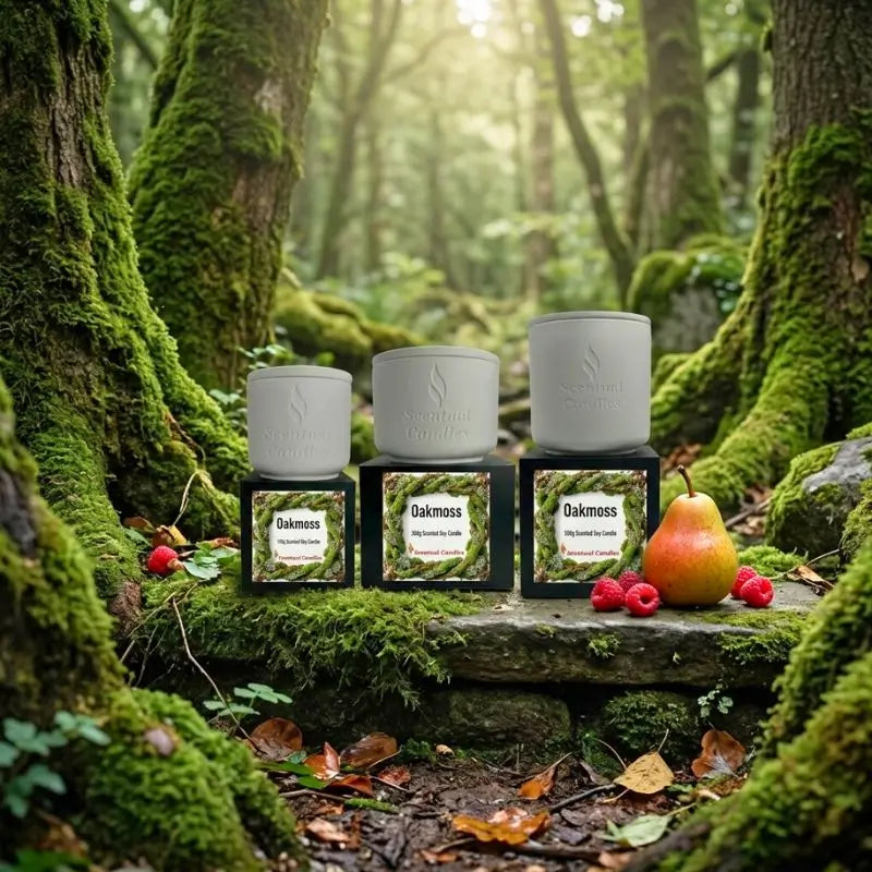 Oakmoss Candle displayed in a serene forest setting with lush moss and an orange pear next to it.