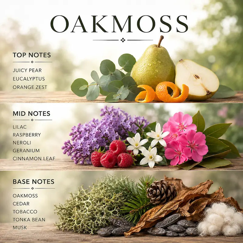 Oakmoss Candle fragrance notes including top, mid, and base notes with juicy pear, eucalyptus, and oakmoss.