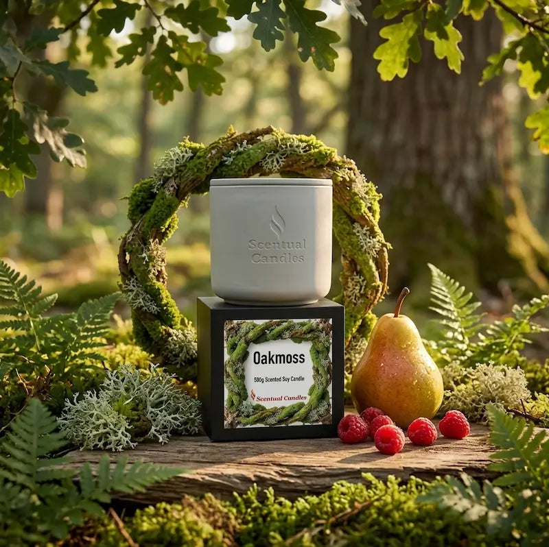 Oakmoss Candle displayed in a natural setting with eucalyptus, pear, and mossy elements.