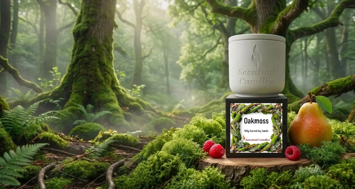 A candle product displayed outdoors in a mossy forest setting, with a white candle jar stacked on top of a square box labeled Oakmoss. The scene includes green ferns, tree trunks, mist, a pear, and raspberries, creating a natural woodland atmosphere.