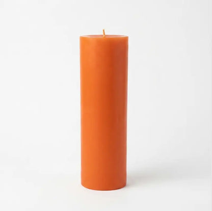 Giant Pillar Candle in vibrant orange, customizable, 27cm tall and 9cm in diameter, designed for long-lasting use.
